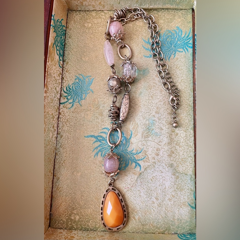 Vintage Bohemian Statement Necklace Silver Tone Chain Orange Teardrop Pendant